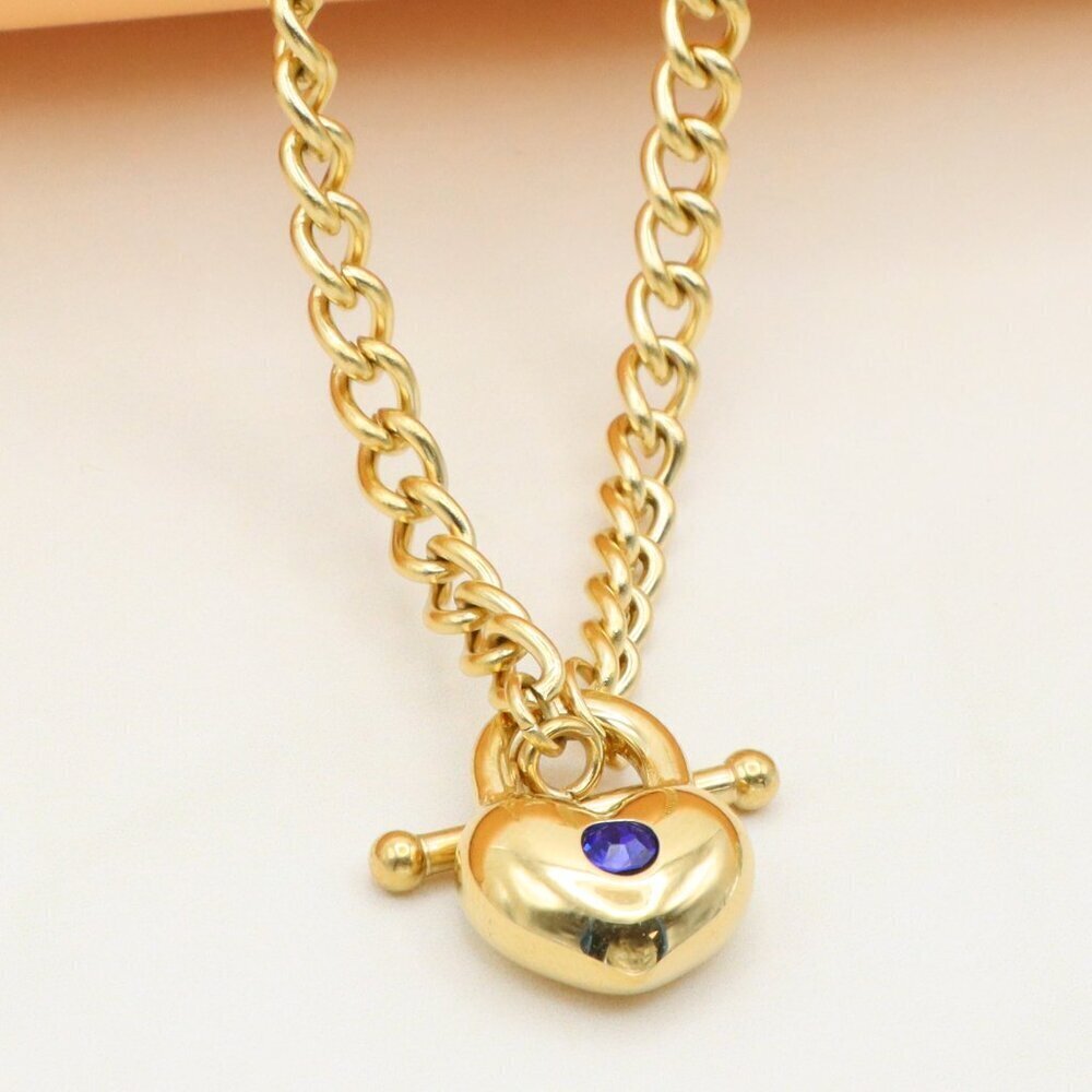 Heart Charm Gold Necklace with Blue Stone – Elegant Chain Style, XPNL0379